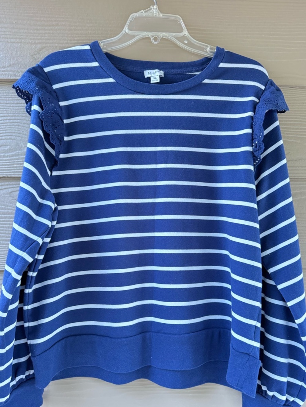 J.Crew Factory Women's White Navy Stripe Ruffle Lace Sleeve Sweatshirt Size XL - Picture 6 of 12